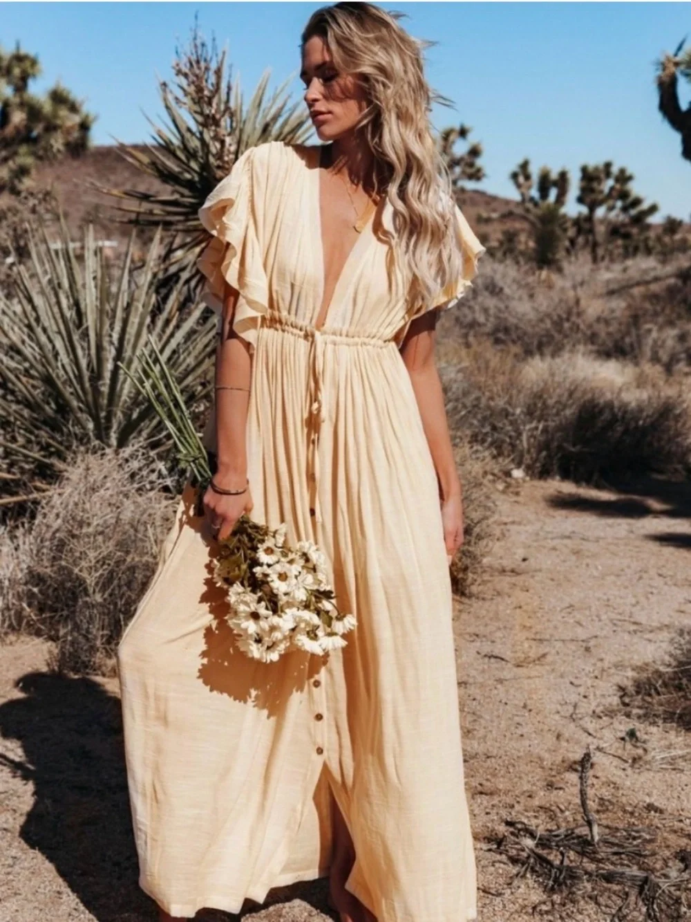 New Gauzy Cover Up Maxi Dress Button Front Deep Plunge Beige Ivory